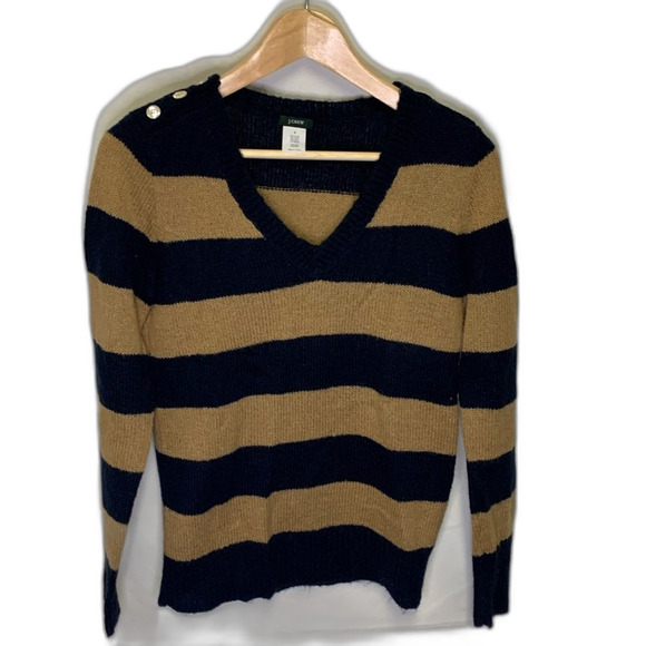 J. Crew Tan and Navy Striped Wool Mohair V-Neck Sweater Size S - Picture 2 of 9